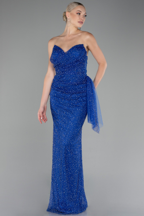 Sax Blue Strapless Stoned Long Evening Gown ABU4066