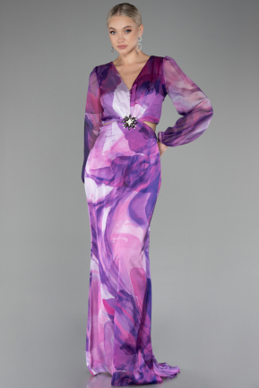 Purple Long Sleeve Cut Out Patterned Satin Evening Dress ABU4067