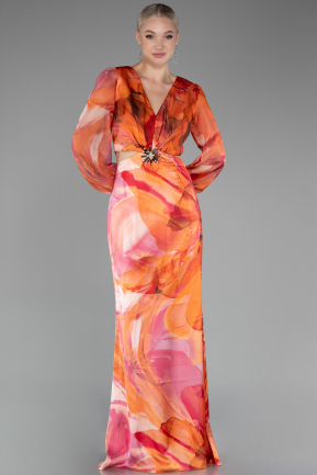 Orange Long Sleeve Cut Out Patterned Satin Evening Dress ABU4067