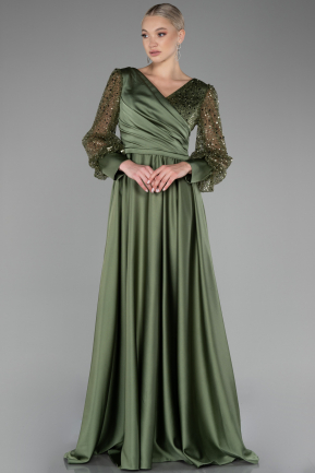 Olive Drab Sequined Long Sleeve Satin Plus Size Evening Dress ABU4051