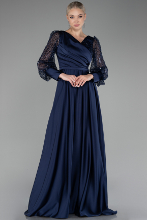 Navy Blue Sequined Long Sleeve Satin Plus Size Evening Dress ABU4051