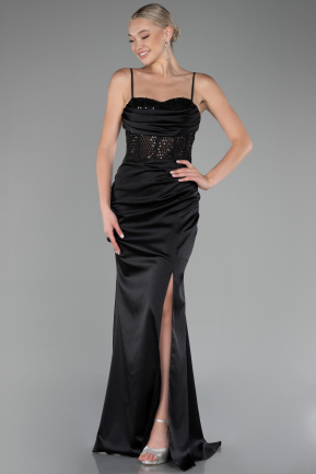 Black Sequin Slit On Top Long Satin Evening Gown ABU4068