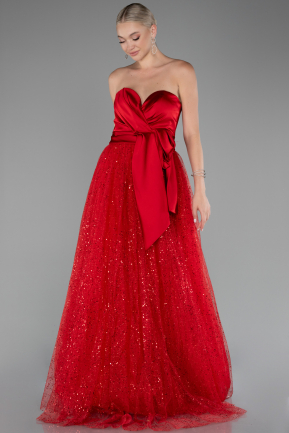 Red Satin Strapless Neckline Long Glitter Evening Dress ABU4069