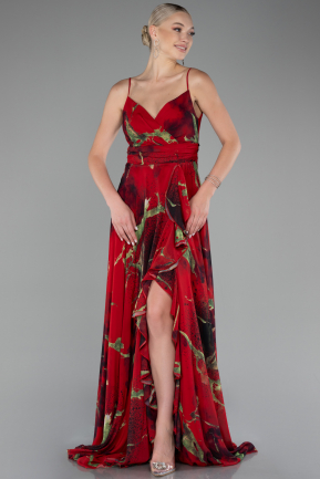 Red Strappy V Neck Slit Long Patterned Prom Dress ABU4070