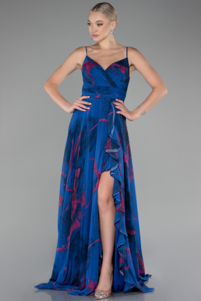 Sax Blue Strappy V Neck Slit Long Patterned Prom Dress ABU4070