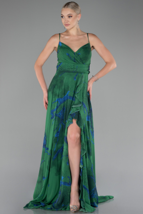 Green Strappy V Neck Slit Long Patterned Prom Dress ABU4070