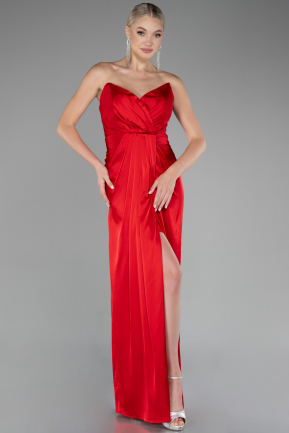 Red Strapless Slit Long Satin Prom Gown ABU4071
