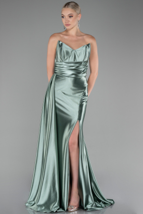 Turquoise Strapless Slit Long Satin Prom Gown ABU4072
