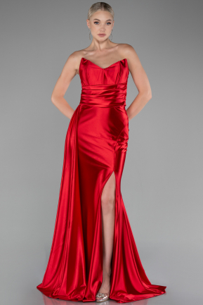 Red Strapless Slit Long Satin Prom Gown ABU4072