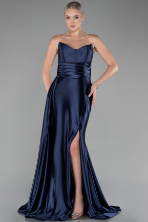 Navy Blue Strapless Slit Long Satin Prom Gown ABU4072