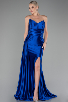 Sax Blue Strapless Slit Long Satin Prom Gown ABU4072