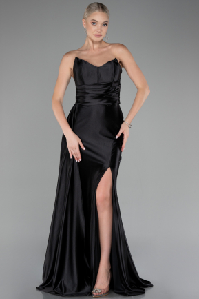 Black Strapless Slit Long Satin Prom Gown ABU4072