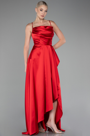 Red Strappy Long Satin Prom Gown ABU4073