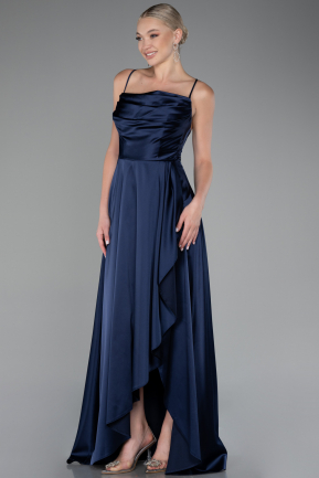 Navy Blue Strappy Long Satin Prom Gown ABU4073