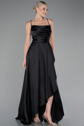 Black Strappy Long Satin Prom Gown ABU4073