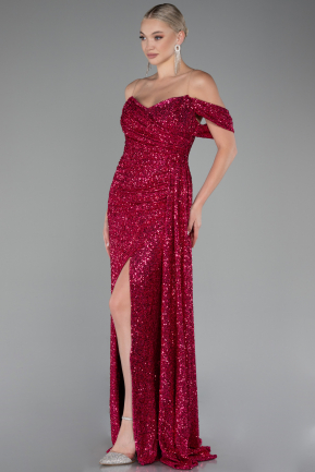 Fuchsia Off Shoulder Boat Neck Slit Sequined Long Evening Gown ABU4074