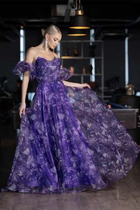 Purple Strapless Patterned Long Chiffon Prom Dress ABU4064