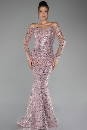 Powder Color Boat Neck Long Sleeve Sequined Evening Dress ABU3879