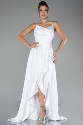 White Long Satin Prom Gown ABU3242