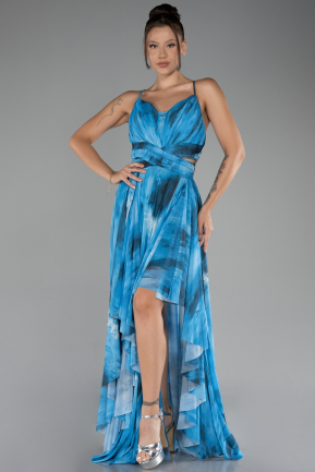 Blue Strappy Slit Long Printed Prom Dress ABU4084