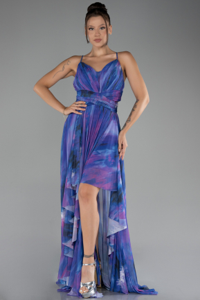 Purple Strappy Slit Long Printed Prom Dress ABU4084