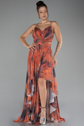 Orange Strappy Slit Long Printed Prom Dress ABU4084