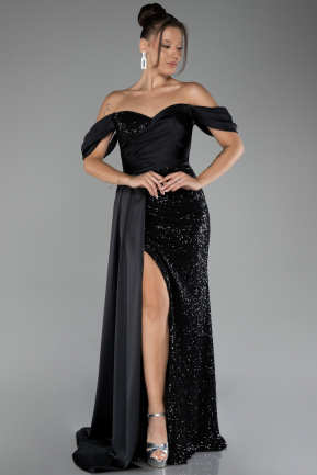 Black Boat Neck Long Sequined Plus Size Evening Gown ABU4086