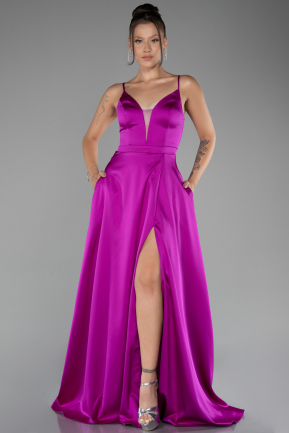 Fuchsia Strappy Slit Long Satin Prom Gown ABU4087