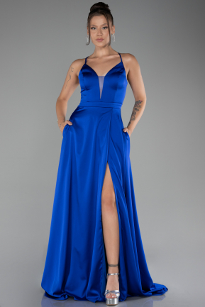 Sax Blue Strappy Slit Long Satin Prom Gown ABU4087