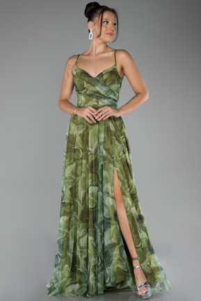 Olive Drab Slit Long Patterned Prom Dress ABU3954