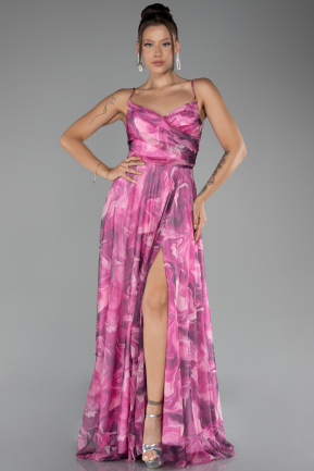 Pink Slit Long Patterned Prom Dress ABU3954