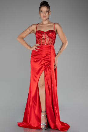 Red Underwire On Top Slit Long Satin Eevning Gown ABU4090