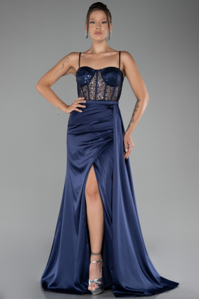 Navy Blue Underwire On Top Slit Long Satin Eevning Gown ABU4090