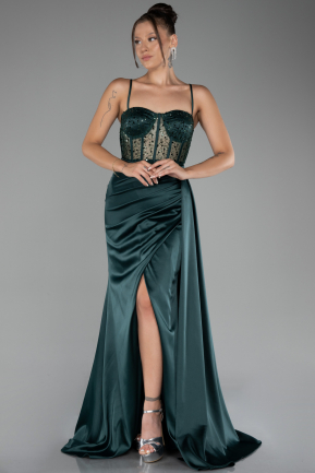 Emerald Green Underwire On Top Slit Long Satin Eevning Gown ABU4090