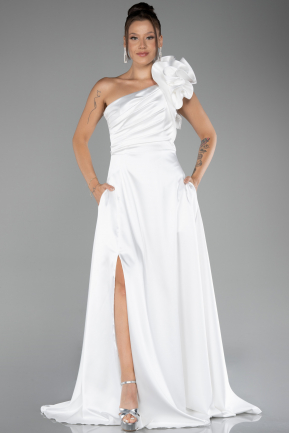 White One Shoulder Slit Long Satin Evening Dress ABU4092