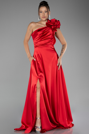 Red One Shoulder Slit Long Satin Evening Dress ABU4092