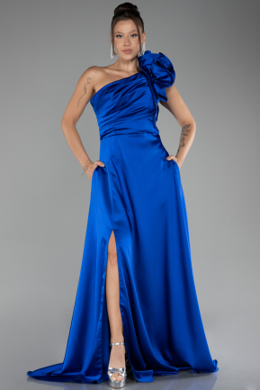 Sax Blue One Shoulder Slit Long Satin Evening Dress ABU4092