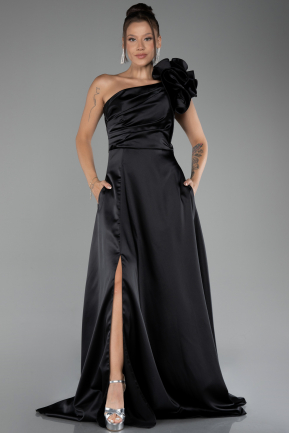 Black One Shoulder Slit Long Satin Evening Dress ABU4092