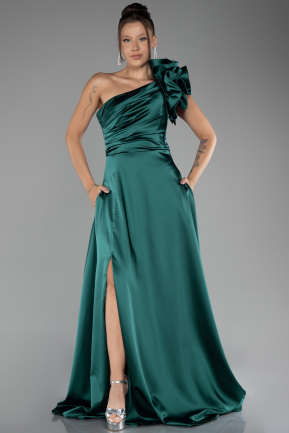 Emerald Green One Shoulder Slit Long Satin Evening Dress ABU4092