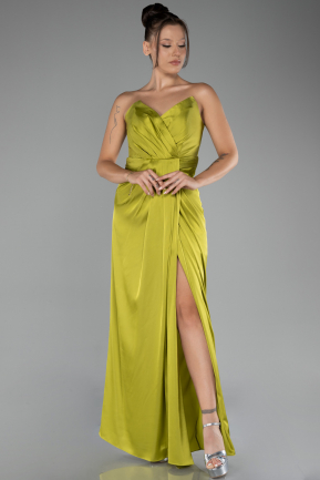 Pistachio Green Strapless Slit Long Satin Prom Gown ABU4071