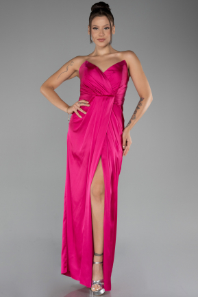 Fuchsia Strapless Slit Long Satin Prom Gown ABU4071