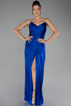 Sax Blue Strapless Slit Long Satin Prom Gown ABU4071
