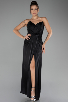 Black Strapless Slit Long Satin Prom Gown ABU4071