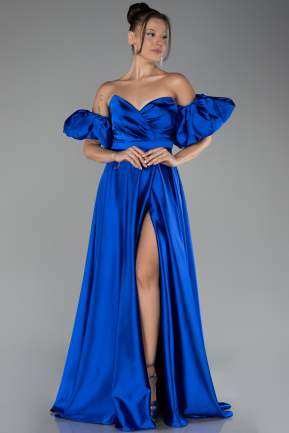 Sax Blue Strapless Slit Long Satin Prom Dress ABU4022
