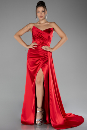 Red Strapless Slit Long Satin Prom Gown ABU4093
