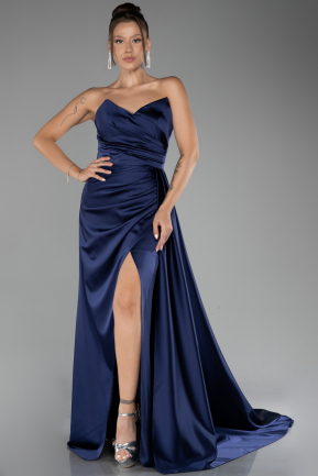 Navy Blue Strapless Slit Long Satin Prom Gown ABU4093