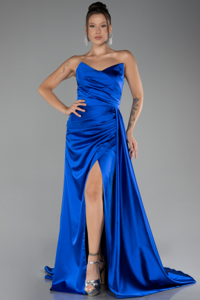 Sax Blue Strapless Slit Long Satin Prom Gown ABU4093