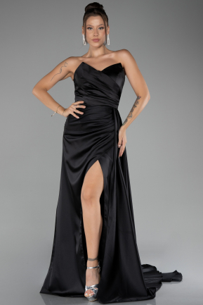 Black Strapless Slit Long Satin Prom Gown ABU4093
