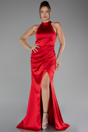 Red Halter Neckline Slit Long Satin Evening Dress ABU4094