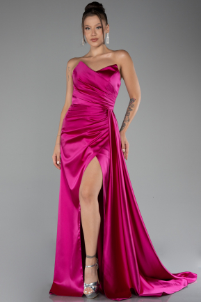 Fuchsia Strapless Slit Long Satin Prom Gown ABU4093